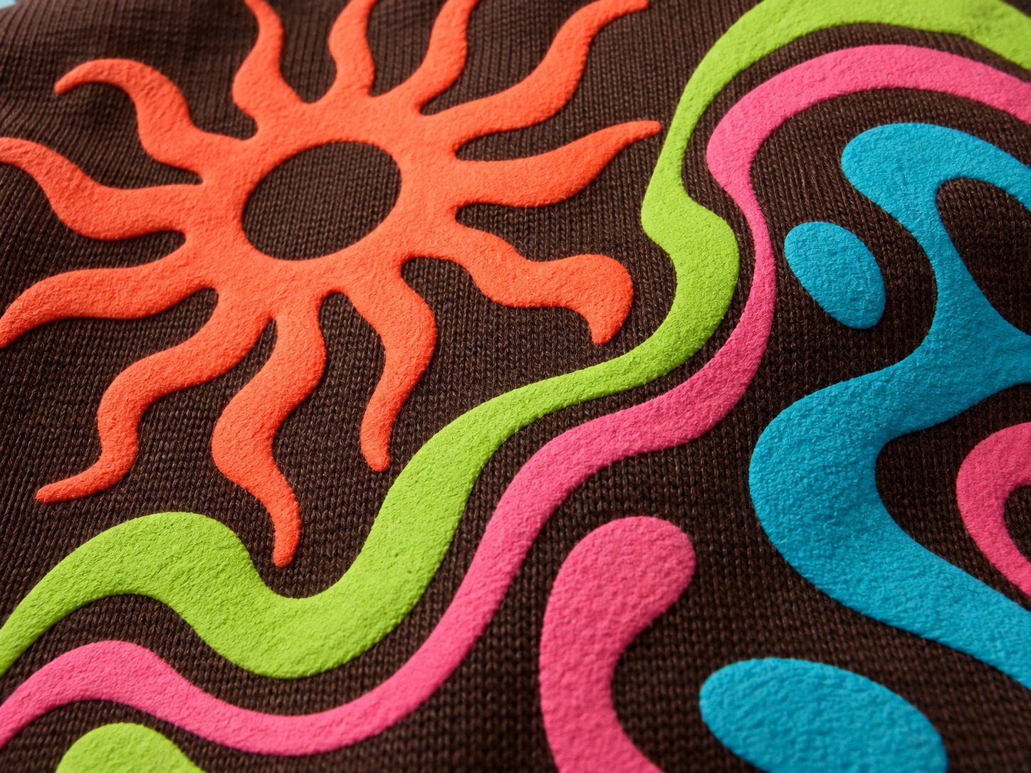 Close ilustrativo de estampa vetorial psicodélica em relevo fluorescente sobre tecido marrom-escuro